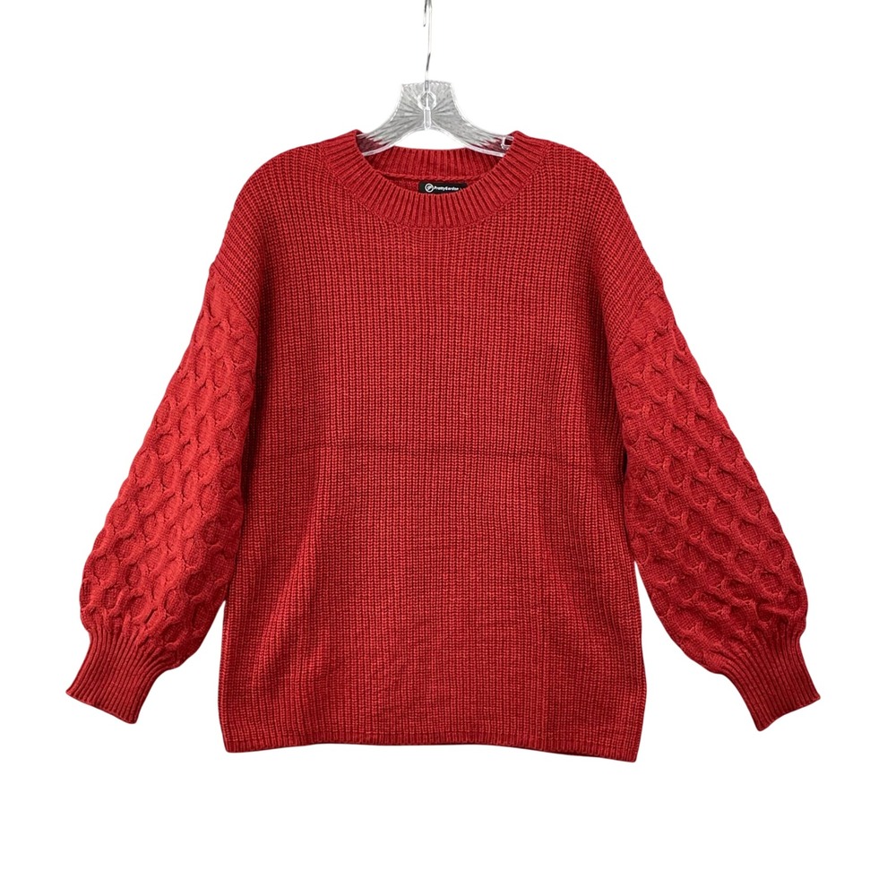 PrettyGarden Sweater Women Medium Red Chunky Knit Bubble Sleeve Crew Neck Casual